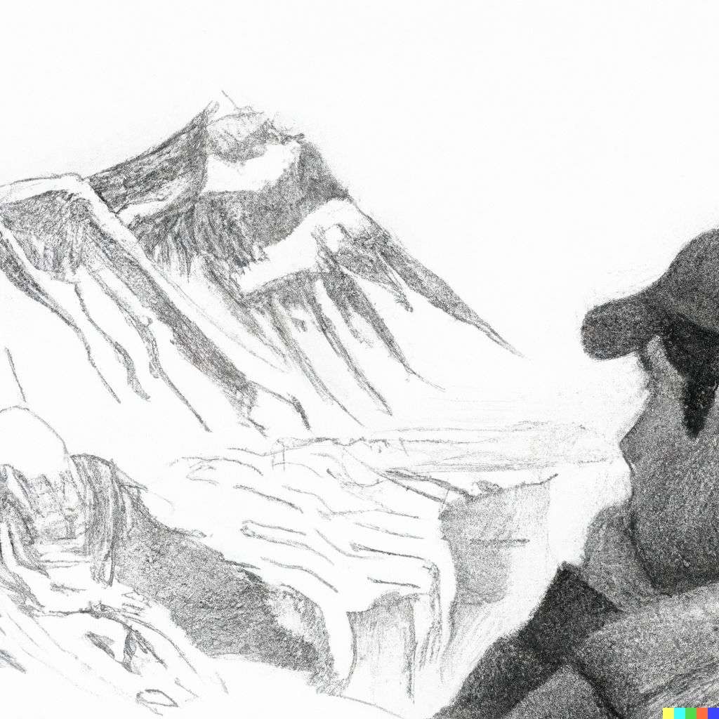 someone gazing at Mount Everest, detailed pencil sketch